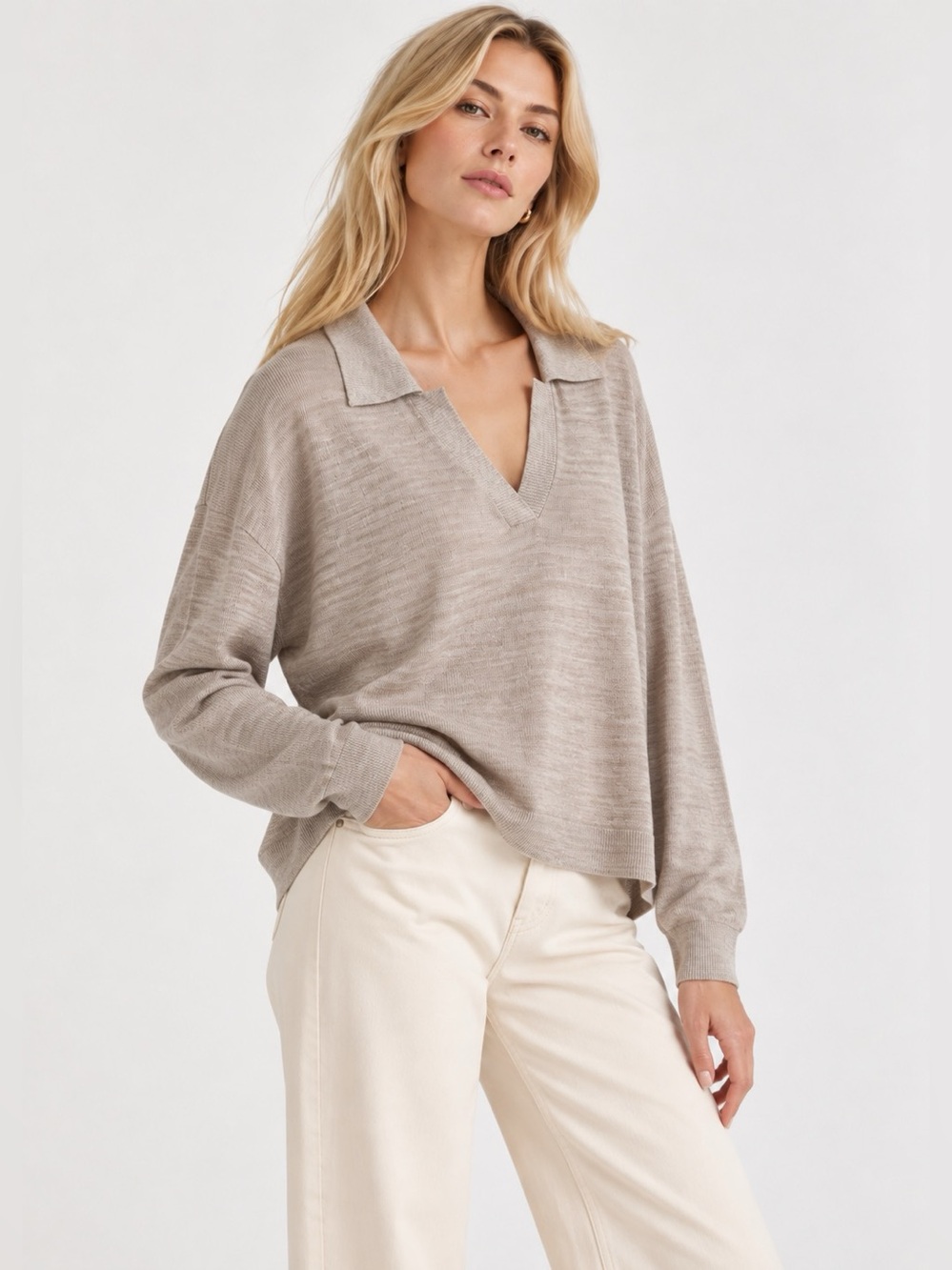 JustFab NWT 100% Viscose Collared V-Neck Knit Sweater Taupe Women Size M